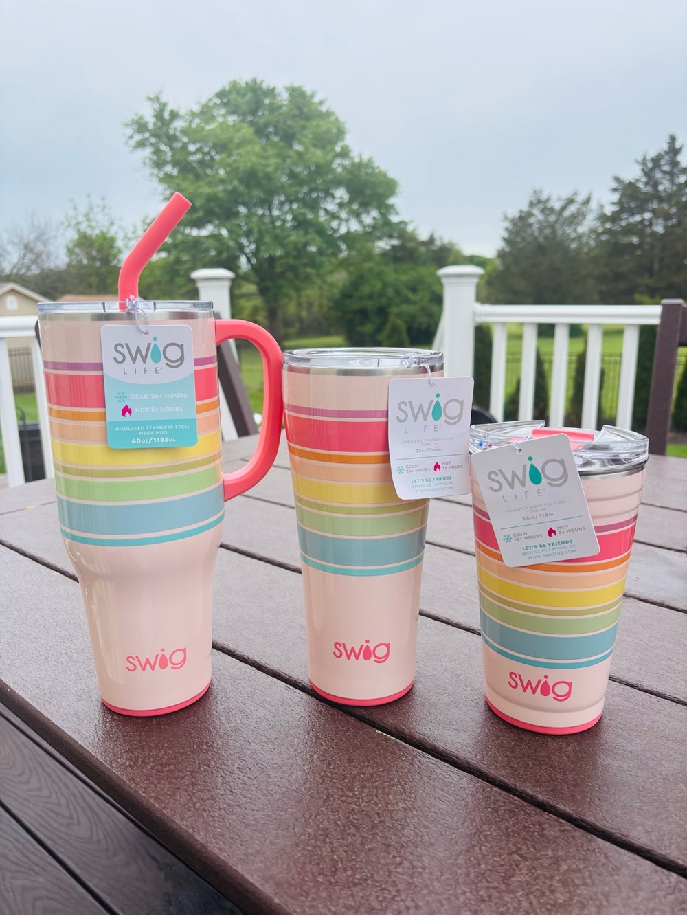 Swig Life Pastel Rainbow Stripe Insulated Tumbler - Pink 40oz, 32oz, 24oz.